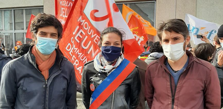 Julien RAVELLO (groupe VIE!), Émilie MARCHE (élue PG/LFI à la région AuRA), Laurent LEGENDRE (groupe MIRS) en soutien à la lutte des salarié·e·s General Electric de Villeurbanne le 8 décembre 2020 pour la sauvegarde de notre patrimoine industriel et de nos emplois